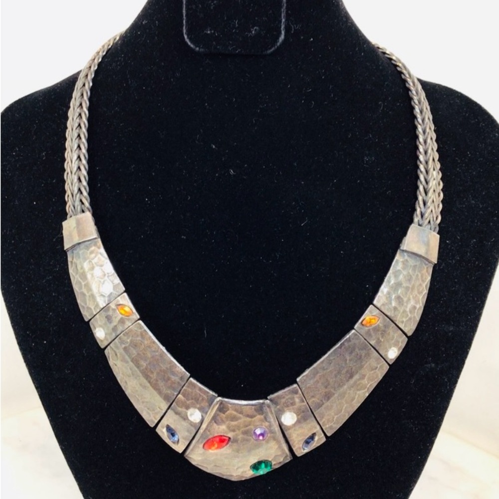 Stunning Vintage 1960’s Gibanel’s Hammered Gunmetal Necklace w/Multi Gemstones!🍁